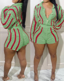 Women Long Sleeve Button Stripe Lapel Cardigan Sweater Short Sets Two Pieces Outfit Red Blue Green Apricot M-2XL
