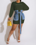 Women Long Sleeve O Neck Jean Waist Casual Mini Dresses Royal Blue Black Army Green Rosy Red White S-2XL