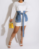 Women Long Sleeve O Neck Jean Waist Casual Mini Dresses Royal Blue Black Army Green Rosy Red White S-2XL