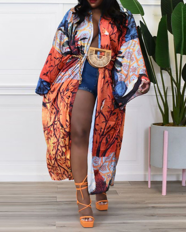 Summer Long Sleeve Fashion Simulated Silk Multi-print Casual Women Coats (NO Waist Bands)