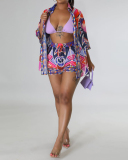 Fashion Long Sleeve Women Printed Lapel Short Sets Two Pieces Set Green Purple S-2XL