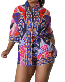 Fashion Long Sleeve Women Printed Lapel Short Sets Two Pieces Set Green Purple S-2XL