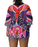 Fashion Long Sleeve Women Printed Lapel Short Sets Two Pieces Set Green Purple S-2XL
