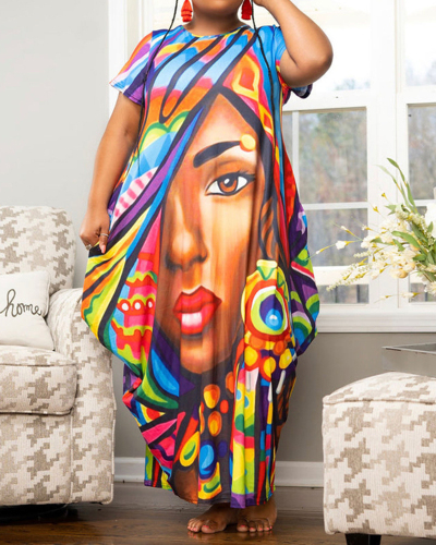 Popular Women Short Sleeve O-neck Fashion Printed Loose Plus Size Dresses Black White Colorful XL-5XL
