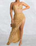 Women Strap Sequin Colorblock High Slit Sexy Maxi Dresses Evening Dress Black Red Blue Apricot S-2XL
