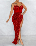 Women Strap Sequin Colorblock High Slit Sexy Maxi Dresses Evening Dress Black Red Blue Apricot S-2XL