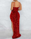 Women Strap Sequin Colorblock High Slit Sexy Maxi Dresses Evening Dress Black Red Blue Apricot S-2XL