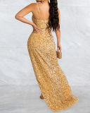 Women Strap Sequin Colorblock High Slit Sexy Maxi Dresses Evening Dress Black Red Blue Apricot S-2XL