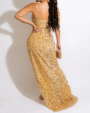 Women Strap Sequin Colorblock High Slit Sexy Maxi Dresses Evening Dress Black Red Blue Apricot S-2XL