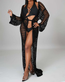 Summer Fashion Knit Mesh Long Sleeve Beach Dresses Cover Ups Knitted Cardigan Cape Black Yellow Rosy S-XL