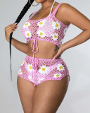 New Women Flower Knit Hollow Out Beach Wear Short Sets Two Pieces Outfit Pink Green S-2XL