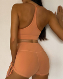 Women Solid Color Sleeveless Drawstring Sports Wear Shorts Sets Yoga Two-piece Sets Yellow Green Blue Black Brown Violets S-L