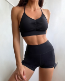 Women Solid Color Sleeveless Drawstring Sports Wear Shorts Sets Yoga Two-piece Sets Yellow Green Blue Black Brown Violets S-L