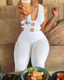 Women Deep V-neck Sleeveless Solid Color Hollow Out Slim Jumpsuits White Black Blue S-L