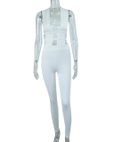 Women Deep V-neck Sleeveless Solid Color Hollow Out Slim Jumpsuits White Black Blue S-L