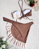 Sexy New Colorblack Halter Neck High Waist Ruffles Three-piece Swimsuit Rosy Blue Coffee S-L