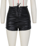 Trendy High Waist Strappy Ruched Solid Color Women Shorts Khaki Black White Pink S-2XL