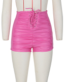 Trendy High Waist Strappy Ruched Solid Color Women Shorts Khaki Black White Pink S-2XL
