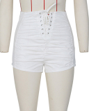 Trendy High Waist Strappy Ruched Solid Color Women Shorts Khaki Black White Pink S-2XL