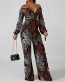V-neck Long Sleeve Printed Women Loose Style Jumpsuit S-XXL