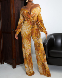 V-neck Long Sleeve Printed Women Loose Style Jumpsuit S-XXL