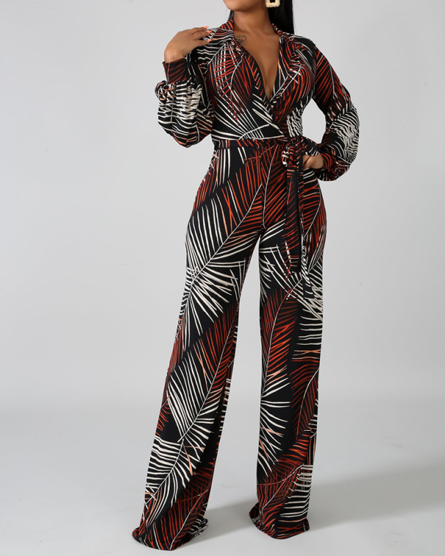 V-neck Long Sleeve Printed Women Loose Style Jumpsuit S-XXL