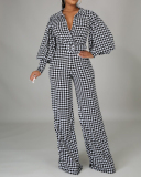 V-neck Long Sleeve Printed Women Loose Style Jumpsuit S-XXL