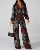 V-neck Long Sleeve Printed Women Loose Style Jumpsuit S-XXL