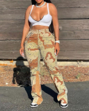 Hot Sale Women Camo High Waist Patchwork Flared Pants Yellow Green S-2XL
