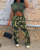 Hot Sale Women Camo High Waist Patchwork Flared Pants Yellow Green S-2XL