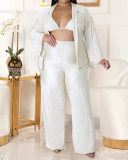 Women Lapel Neck Coat High Wasit Solid Color Ruched Wide Leg Pants Sets Plus Size Three Pieces Sets White Black Pink Orange Blue XL-5XL