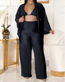 Women Lapel Neck Coat High Wasit Solid Color Ruched Wide Leg Pants Sets Plus Size Three Pieces Sets White Black Pink Orange Blue XL-5XL