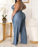 Women Lapel Neck Coat High Wasit Solid Color Ruched Wide Leg Pants Sets Plus Size Three Pieces Sets White Black Pink Orange Blue XL-5XL