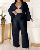 Women Lapel Neck Coat High Wasit Solid Color Ruched Wide Leg Pants Sets Plus Size Three Pieces Sets White Black Pink Orange Blue XL-5XL