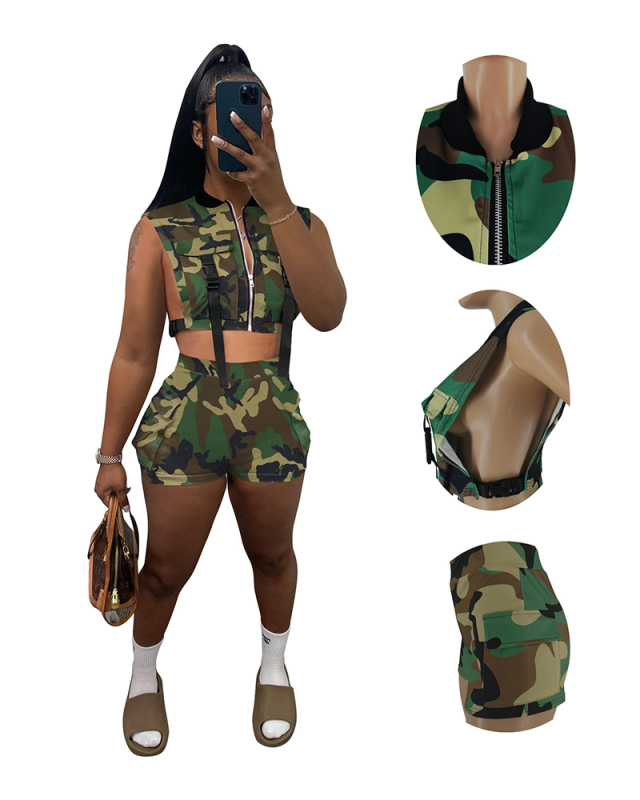 Women Sleeveless Camo Short Sets Two Pieces Outfit Camo S-XL