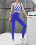 Hot Sale New Women Striped Printed Bra Yoga Two-piece Suits Blue Green Navy Blue S-L