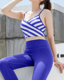Hot Sale New Women Striped Printed Bra Yoga Two-piece Suits Blue Green Navy Blue S-L