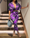 Women Half Sleeve Lapel Slim Pants Sets Two Pieces Outfit Black Red Purple Green Coffee S-2XL