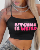 Women Letter Printed Crop Top T-shirt White Black Coffee Green Red Sling XS-XL