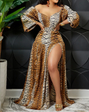 Women Long Sleeve Tiger Leopard Striped Printed High Slit Sexy Maxi Dresses S-2XL