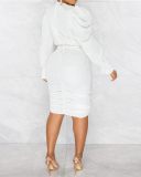 Office Lady Solid Color Long Sleeve Drawstring Ruched Bodycon Midi Dress Black Red Blue Rosy White S-2XL