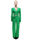 Women Fashion Long Sleeve V-neck Flares Sleeve Wide Legs Pants Sets Two Pieces Outfit Blue White Black Pink Green Nude S-2XL