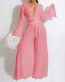 Women Fashion Long Sleeve V-neck Flares Sleeve Wide Legs Pants Sets Two Pieces Outfit Blue White Black Pink Green Nude S-2XL