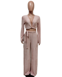 Women Fashion Long Sleeve V-neck Flares Sleeve Wide Legs Pants Sets Two Pieces Outfit Blue White Black Pink Green Nude S-2XL