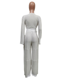 Women Fashion Long Sleeve V-neck Flares Sleeve Wide Legs Pants Sets Two Pieces Outfit Blue White Black Pink Green Nude S-2XL