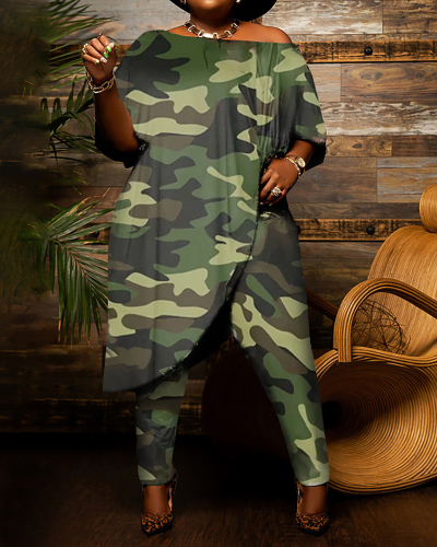 Women Off Shoulder Short Sleeve Slash Hem Leopard Camo Printed Pants Sets Two Pieces Outfit Yellow Green L-4XL