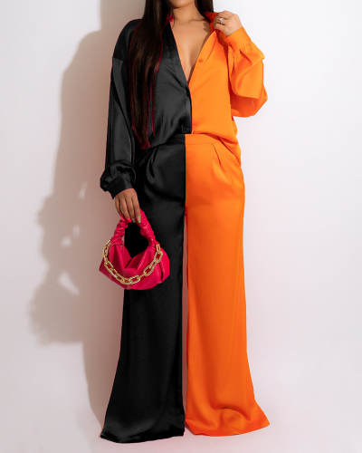 Women Lapel Colorblock Long Sleeve Satin Loose Casual Pants Sets Two Pieces Outfit Black Coffee Rosy S-2XL