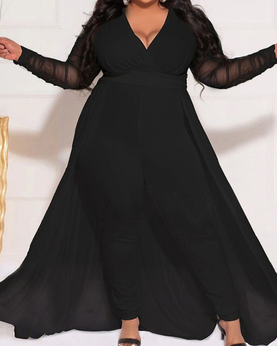 Women Long Mesh Sleeve Solid Color V Neck Patchwork Two Pieces Outfit Black White Red L-4XL