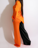 Women Lapel Colorblock Long Sleeve Satin Loose Casual Pants Sets Two Pieces Outfit Black Coffee Rosy S-2XL