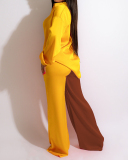 Women Lapel Colorblock Long Sleeve Satin Loose Casual Pants Sets Two Pieces Outfit Black Coffee Rosy S-2XL